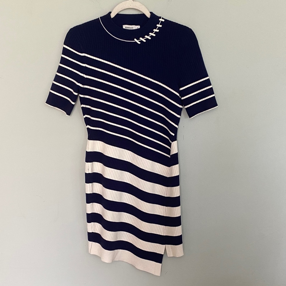 Simkhai Navy and White Striped Mini Asymmetrical Dress Size Small Wool Blend